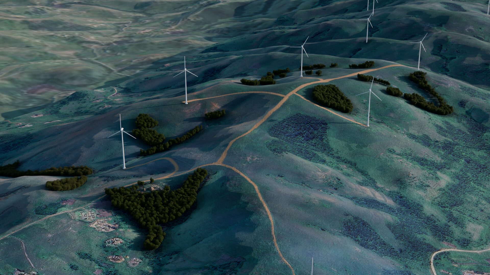 Rendered layout of the Project 2 wind farm on a South African hillside